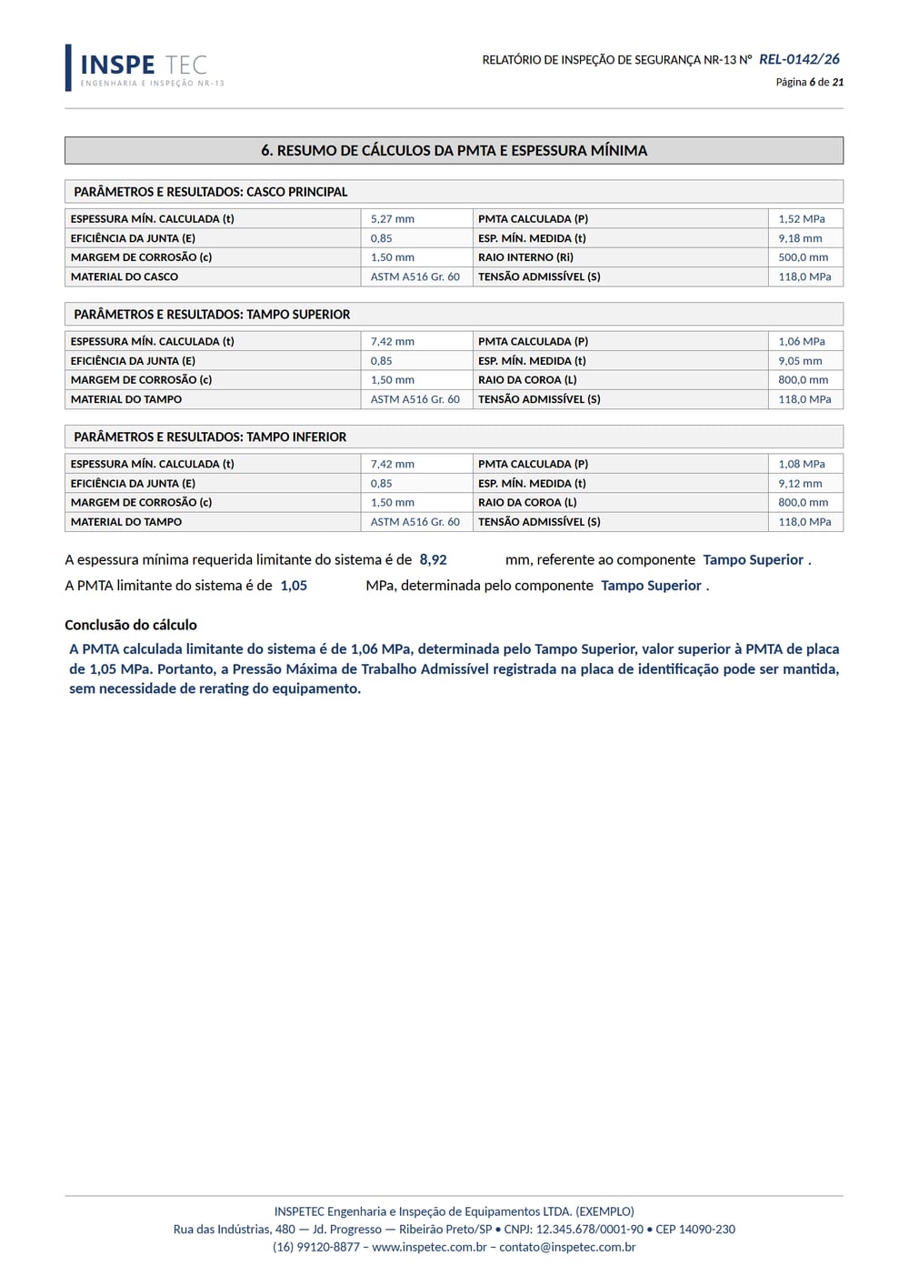 Folha do relatório NR-13: Resumo de cálculos da PMTA