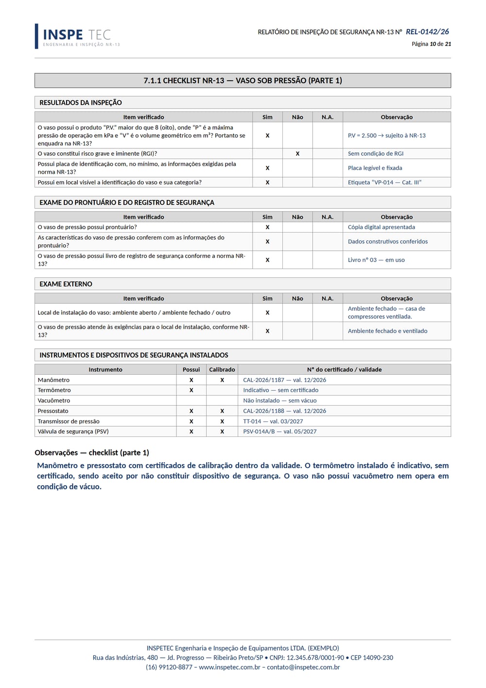 Folha do relatório NR-13: Checklist NR-13 — parte 1