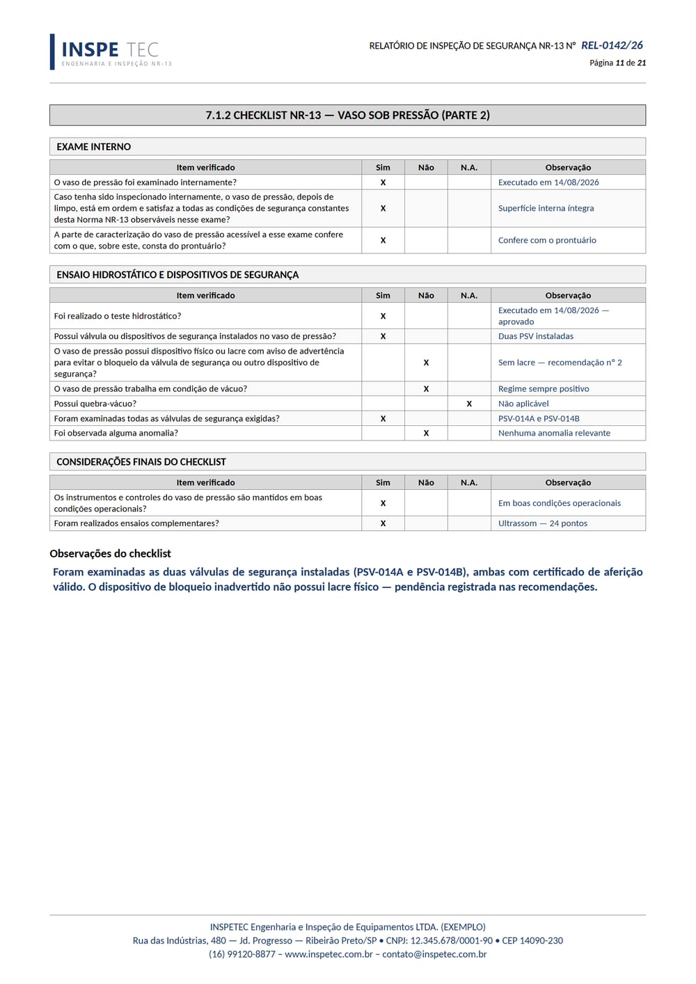 Folha do relatório NR-13: Checklist NR-13 — parte 2