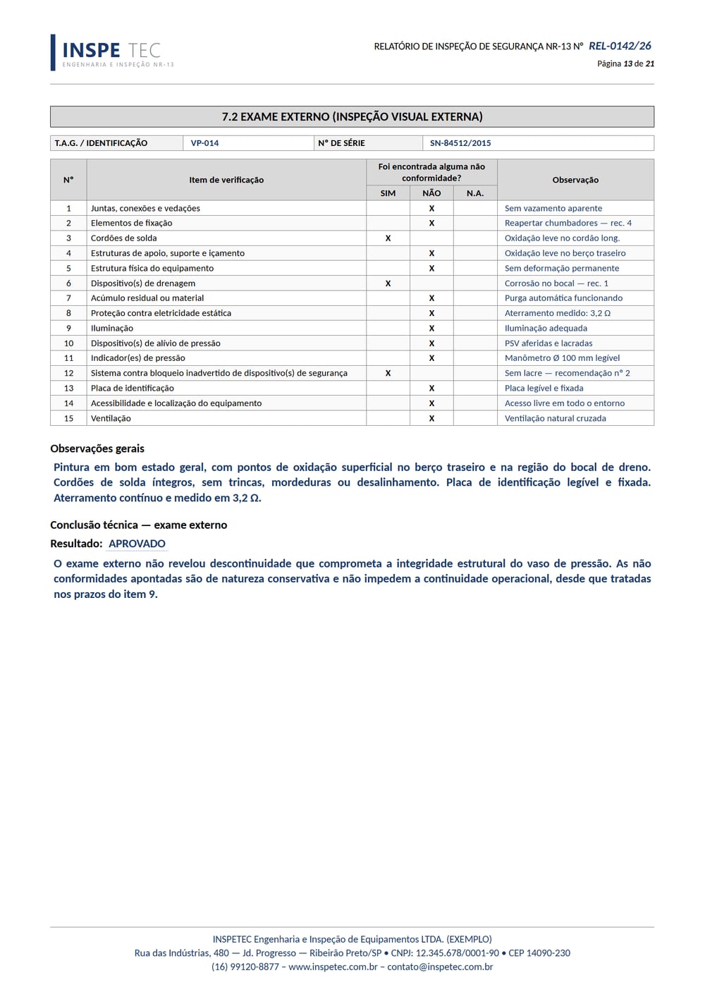 Folha do relatório NR-13: Exame externo