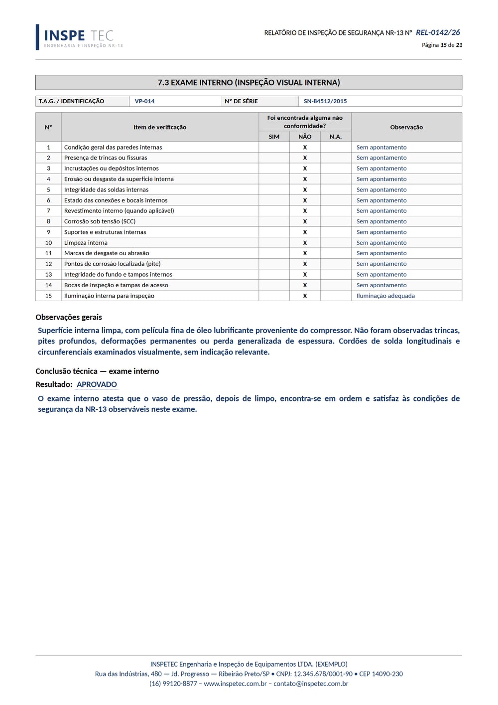 Folha do relatório NR-13: Exame interno