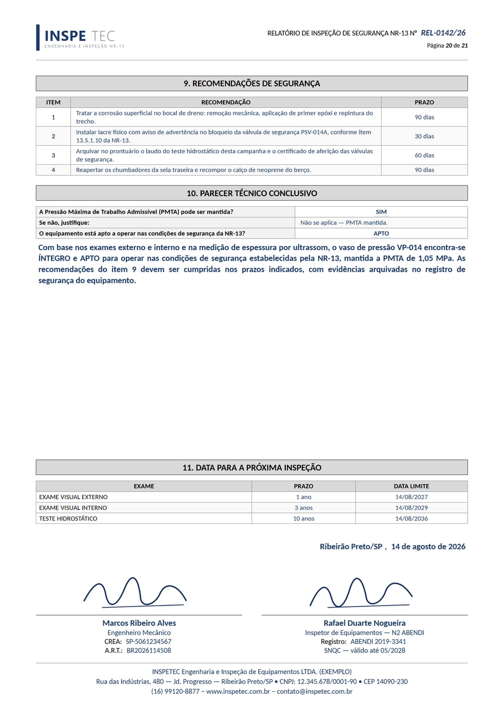 Folha do relatório NR-13: Parecer conclusivo